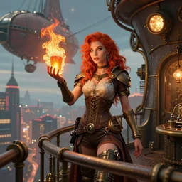 beautiful industrial steampunk digital art of madison beer, with red hair, standing on the balcony of a steampunk airship overlooking a city, holding a ball of fire in the palm of her hand, symmetrical face, beautiful eyes, trending on art station, 8 k resolution, award - winning photo, highly detailed scene, vibrant art
