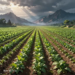 immaculate rows of crops, distant mountains in the background, digital 2d fantasy art