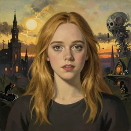 Elle Fanning in the painted world of Studio Ghibli and Bruce Pennington, head and shoulders masterpiece, apocalypse, golden hour, cosmic horror, artstation, in the style of Andrew Wyeth and Edward Hopper and Bosch, extremely detailed