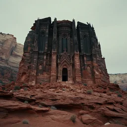 an atmospheric film still by Christopher Nolan with a huge towering dark gothic cathedral carved out of rock at the top of a red rock canyon