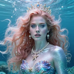 “ amy adams portrait, fantasy, mermaid, hyperrealistic, game character, underwater, highly detailed, sharp focus, cinematic lighting, pearls, glowing hair, shells, gills, crown, water, highlights, starfish, jewelry, realistic, digital art, pastel, magic, fiction, ocean, king, colorful hair, sparkly eyes, fish, heroic, goddess, waves, bubbles, queen, silver skin ”