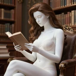 portrait of an absurdly beautiful, graceful, sophisticated, fashionable woman reading in a library wearing underwear, long brown hair, hyperdetailed illustration by irakli nadar and alexandre ferra, white porcelain skin, unreal engine 5 highly rendered, global illumination, radiant light, detailed and intricate environment