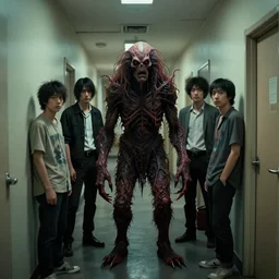 hyperrealistic documentary footage of creepy monster entity creature designed by guillermo del toro, michael hutter, kentaro miura, junji ito, gantz, hideo kojima, standing at end of long toronto apartment hallway. colorized. scp historical archives. david lynchian atmosphere. deep aesthetics of weirdcore