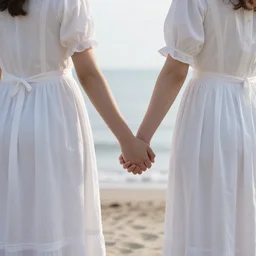 two young edwardian women wearing white dresses hold hands on a beach in Sweden, in the style of Anders Zorn, waves in the style of the great wave off kanagawa by Hokusai