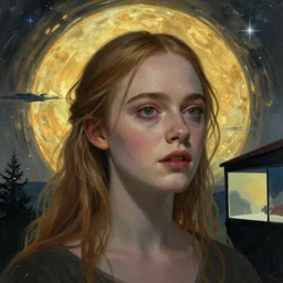 Elle Fanning in the painted world of Midsommar, head and shoulders masterpiece, apocalypse, golden hour, cosmic horror, artstation, in the style of Andrew Wyeth and Edward Hopper and Bosch, extremely detailed