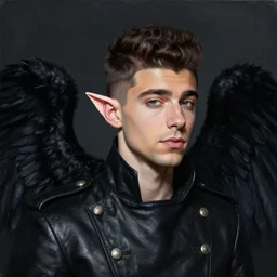 portrait painting by jeremy mann, head and shoulders portrait of zayn malik with black angel wings on his back and elf ears by jeremy mann, wearing leather napoleonic military style jacket, black jacket collar, pointy ears, black canvasm black wings in background