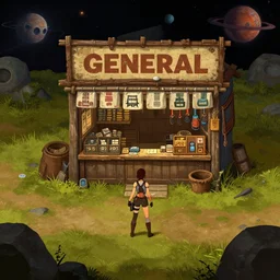 in front of a [ [ [ general store ] ] ] in a remote outpost, on an alien planet, from a space themed point and click 2 d graphic adventure game, set design inspired slightly by tomb raider, art inspired by [ [ thomas kinkade ] ] and bill alexander