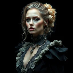 portrait of heidi klum by irakli nadar with intricate detailed wearing victorian dress designed by alexander mcqueen and rocky gathercole, haunting, elite, elegant, ruan jia, dark, hyper detailed, concept art, by gustav klimt, studio portrait taken using canon mark ii, studio lighting gel, black studio background
