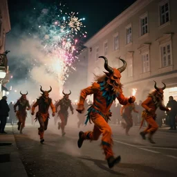 kodak portra 4 0 0, 5 0 0 mm tele lens, f 1. 2, long exposure time, award winning dynamic vivid atmospheric photograph of running chasing jumping hazardous horde krampus, by robert capas, in muted colours, striped orange and teal, motion blur, on a street in salzburg at night with colourful exploding pyro firework and torches, fog