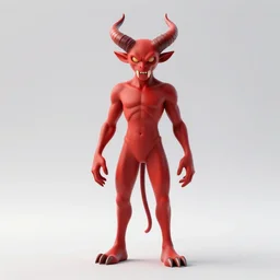 full body 3d render of demon with horns and colored red with large fangs and devil wings as a funko pop, Chibi, studio lighting, white background, blender, trending on artstation, 8k, highly detailed