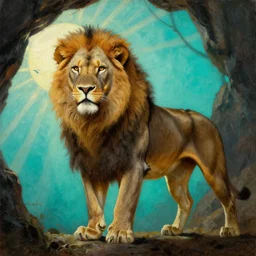 close up of muscular lion weak barbarian hunter full body in portrait pose, sun rays , small bird sihouettes  in cyan background , very textured detailed  oil painting by rembrandt , hard backlight , in dark cave