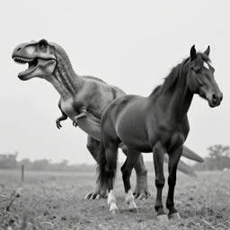 [ [ t rex ] ] and a horse with legs, hands, [ walking ], soft, black and white photograph, 1 8 5 0 s