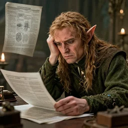 an elf from the lord of the rings doing taxes frustrated, intricated details