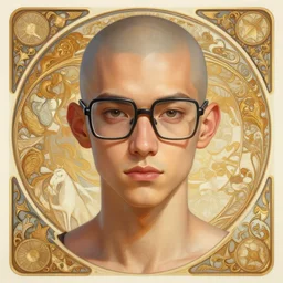 asymmetrical!! portrait of a bald soyboy wearing square glasses in style of, overwatch, intricate, elegant, highly detailed, digital painting, artstation, biolusence, concept art, smooth, sharp focus, illustration, art by artgerm and greg rutkowski and alphonse mucha, horizon zero dawn 8 k