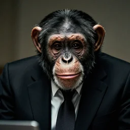 noir film still of chimpanzee CEO, close up