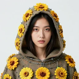 a closeup portrait of a woman wearing a hooded cloak made of zinnias and barbed wire, in a derelict house, by Michela Riva, natural light, detailed face, CANON Eos C300, ƒ1.8, 35mm, 8K, medium-format print