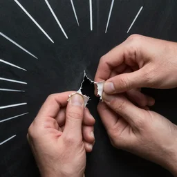 Hands tearing a rip in the air behind which is a dark dimension with white lines