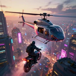 an android thief on a motorcycle making a getaway from a helicopter in a glowing neon cyberpunk city at dawn, unreal engine, cinematic atmosphere, establishing shot viewed from above