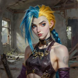oil painting of jinx league of legends with golden blonde hair, standing in abandoned building, in style of delphin enjolras, detailed face,