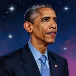 barack obama, in the starry sky, boho channel accessories, star sparkles, sharp focus, d & d, epic retrowave art, masterpiece, trending on art station, fantasy, digital painting, highly detailed, 8 k realistic, dof, art by artgerm, greg rutkowski, sasoura, satchely, no distortion