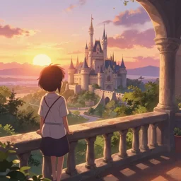 anime digital art view from castle balcony sunset overlooking kingdom