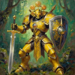 full body, attack position abstract painting in lush fantasy environment of a ornate holy mechanical warforged with circular glowing eye, disc head disc head disc head disc head disc head disc head disc head, character in yellow armor holding a legendary paladin engraved holy great longsword and carrying a huge heavy paladin shield, face in focus, epic , trending on ArtStation, masterpiece, cinematic lighting, by Ross Tran, by Delphin Enjolras, by Ruan Jia, by Greg Rutkowski