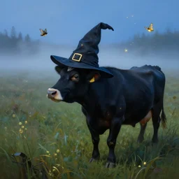 a detailed matte landscape painting of a cow standing in a grassy field wearing a witch hat, cow wearing hat!!!! viewed in profile, fog and flying glowing moths in the background, ultrawide lens, aerial photography, black and blue color scheme with gold highlights, art by greg rutkowski and paul kidby in a silly and cartoony art style, artstation, 8 k, octane render