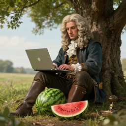 sir isaac newton sitting under a tree on a hill holding a macbook - pro, a big crushed watermelon is lying on the ground next to him, digital painting, digital art, steampunk, sharp focus, hyper realistic, photorealistic, depth of field, hyper detailed, artstation, award winning