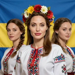 Beautiful girl in Ukrainian style, different hairstyles, exact facial detailing, vyshyvanka dress, wreath of flowers on head, Angelina Jolie appearance, Ukrainian patriotic style, rushnik, Ukrainian flag background, 3D, Redshift render, cgi, hyper-detailed, photo-bash, 8k, post-production, masterpiece
