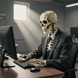 A skeleton in a suit working on the computer by greg rutkowski