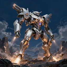 an armored core v, ; scifi, booster flares, legs, laser rifles, karst landscape, outdoor, dark blue sky, cloud, wilderness ground, glowing lights intricate elegant, highly detailed, digital painting, artstation, concept art, smooth, sharp focus, thin glowing wires, illustration, art by artgerm and greg rutkowski and alphonse mucha, singularity