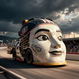 Giant head on wheels in NASCAR race, photograph
