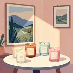 illustration with a set of beautiful scented candles on the table by tomer hanuka, an art deco painting by tom whalen, cozy interior, trending on behance, grainy texture, flat shading, vector art, airbrush, pastel, watercolor, poster