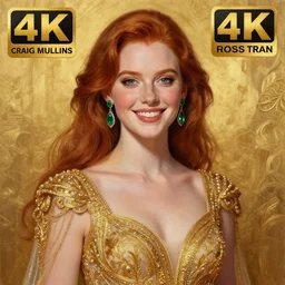 Highly detailed painting of a beautiful young woman with long red hair, smiling by Craig Mullins and Ross Tran, wearing a fancy dress, Golden fabric Background, Golden thread, intricate patterns, Emerald Earrings, Trending on artstation, pinterest, cgsociety, 4k, 8k, HDR, award winning, unreal engine