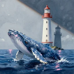 whale, sea, lighthouse, illustration, blue and pink specular reflection, intricate, occlusion shadow by danton fadeev