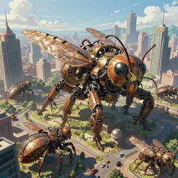 an intricate concept art, illustration, fantasy mechanical large insect biomes in a city, megafauna, ultra photorealistic, pinterest, artstation, cgsociety, global illumination, pinterest, digital art, hyper detail, anime colors, style by feng zhu and tyler edlin, hyperrealistic octane render, 8 k