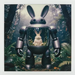 dark night giant oversized battle rabbit robot chubby fatmech jar with big ears with rabbit sitting inside, in jungle forest, full body, nighttime, cinematic focus, polaroid photo, vintage, neutral dull colors, soft lights, foggy, overcast by oleg oprisco, by thomas peschak, by discovery channel, by victor enrich, by gregory crewdson