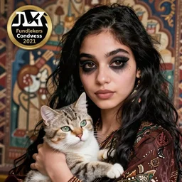 cute emo moroccan woman, with long dark hair, thick eyebrows!!! dark eyes and dark circles!, wide nose!!!, big eyes, oval face shape, big cheeks!, she is holding a cat in her arms, by juan villafuerte, greg rutkowski and alphonse mucha, pexels contest winner, high quality photo, hd rtx
