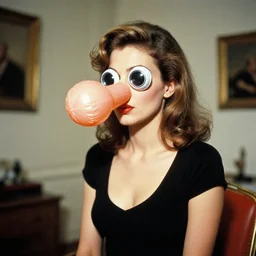 glamorous woman with an inflatable spherical prosthetic nose, circular googly eyes, 1 9 7 2, color, fassbinder, medium - shot 1 6 mm film, interior room