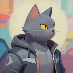 Portrait painting of an anthropomorphic gray cat wearing a jacket, as an Overwatch character, medium shot, asymmetrical, profile picture, Organic Painting, sunny day, Matte Painting, bold shapes, hard edges, street art, trending on artstation, by Huang Guangjian and Gil Elvgren and Sachin Teng