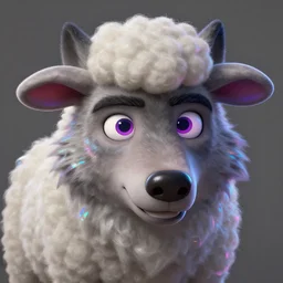 pixar character, wolve in sheep's clothing, neon accents, holographic colors, desaturated headshot portrait digital painting by leyendecker,