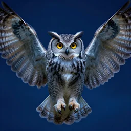 highly detailed, cinematic lighting, symmetrical, sharp focus, cgsociety, concept art, illustration, alphonse mucha, closeup portrait of a gray owl attacking with spreaded wings, album cover art, artstation, blue night lighting, art by greg rutkowski, bright golden eyes in the night, digital painting