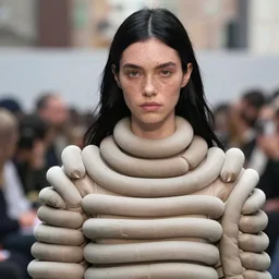 olivia at the new york fashion week, wearing an outfit made of toruses, black hair, freckles, pale skin, photo by greg rutkowski, harsh shadows, bright lighting, female beauty, intricate detail, elegance, sharp shapes, masterpiece
