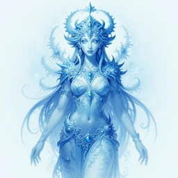 fractal goddess, ornate, arctic blue, drawn by artgerm, digital artwork by karol bak, background by rhads