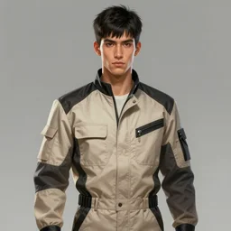 portrait of a handsome peruvian man by greg rutkowski, he is about 3 0 years old, short black hair with bangs, very tall and slender, he is wearing a beige and black utility jumpsuit, highly detailed portrait, digital painting, artstation, concept art, smooth, sharp focus ilustration, artstation hq