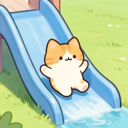 art by Kawacy, cute cat sliding down a water slide