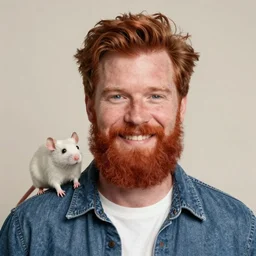 portrait of a smiling red bearded man with a pet white rat on his shoulder, trending on artstation, stanley rayfield, 8 k