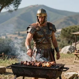ancient rome soldier grilling meat in a barbecue outside, sunlight, natural lighting, nature, mountain, barbecue, professional photography, 5 0 mm