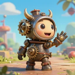 a tiny cute steampunk monster with cogs and screws and big eyes smiling and waving, back view, isometric 3d, ultra hd, character design by Mark Ryden and Pixar and Hayao Miyazaki, unreal 5, DAZ, hyperrealistic, octane render, cosplay, RPG portrait, dynamic lighting, intricate detail, summer vibrancy, cinematic