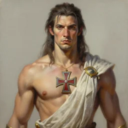 he - man, closeup portrait, sci fi, fantasy, intricate, with german iron cross onbare chest, elegant, loin cloth, highly detailed, oill painting, artstation, concept art, matte, sharp focus, illustration, hearthstone, art by earl norem